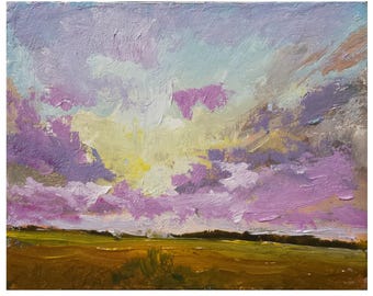 Original oil painting on custom pink small clouds country landscape