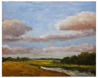 Peinture à l'huile originale 7x9, paysage rivière buissons coucher et lever de soleil, ciel beige rose et bleu sur toile