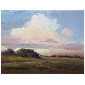 Peinture à l'huile originale sur toile 5x7, marouflée sur panneau dur, paysage abstrait, campagne, coucher de soleil, champ, arbres, buissons, nuages roses