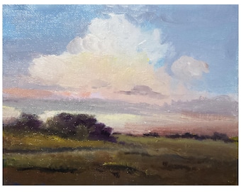 Original Oil Painting 5x7 canvas on hardboard abstract Landscape Countryside Sunset Field Trees Bushes pink Clouds