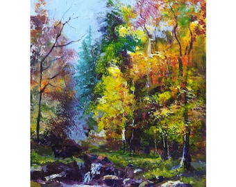 12x9.5 inch original painting on stretched canvas waterfall autumn landscape river orange yellow trees