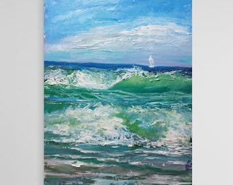 Paysage marin Original Peinture Océan vagues Tropical Turquoise vagues surf Sailing Yacht Décor Huile Mur Home Art voilier Cadeau pour lui