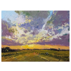 Peinture à l'huile originale 6x8 paysage, nuages violets, coucher et lever de soleil jaunes, buissons, vallée image 1