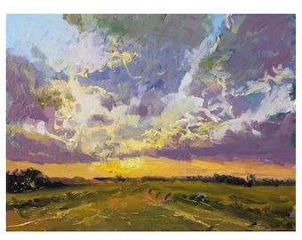 Original oil painting 6x8 landscape violet clouds yellow sunset sunrise bushes valley