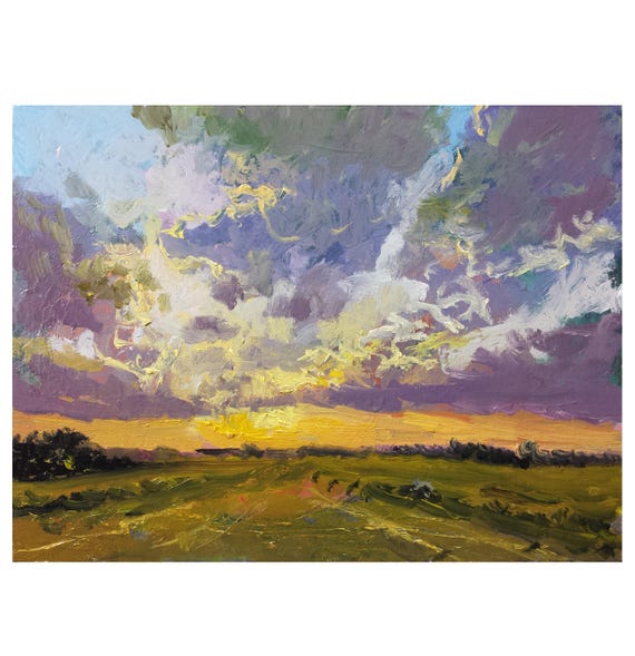 Original oil painting 6x8 landscape violet clouds yellow sunset sunrise bushes valley