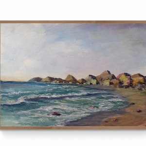 Dipinto originale di paesaggio marino, passeggiata, decorazione artistica, onde, sabbia, marea, dipinto neutro, carta blu, cielo, beige, pietre di sabbia, paesaggio marino