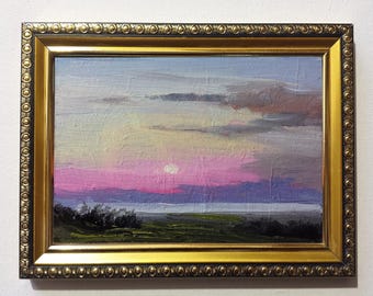 Oil original Painting 4x6 purple pink beige blue lilac sunset sunrise bushes clouds field sun
