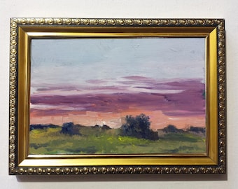 Oil Original Landscape Painting Lilac purple Clouds Sunrise Sunset 4x6 inch green grass bushes blue sky