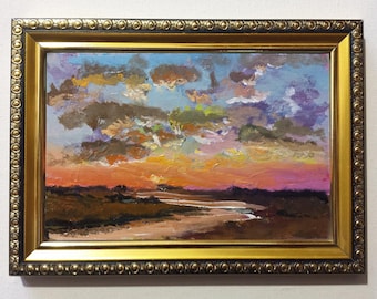 Original oil painting 4x6 River Landscape orange sunset sunrise beige clouds sky