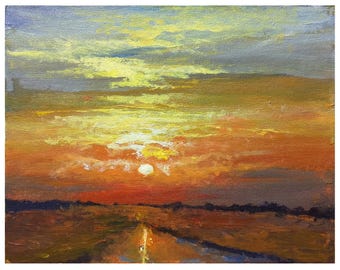 Original painting on canvas 7x9 sunrise sunset landscape orange clouds sky river