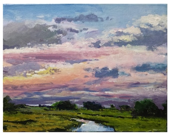 Original painting 9x7 blue beige cloudy sky river landscape green field valley sunrise sunset on canvas