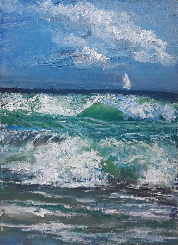 オリジナル油絵 海景画 7x9.5 海 質感のある白い波 熱帯のターコイズ