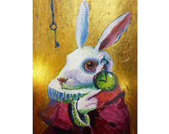 May include: An oil painting of a white rabbit wearing a dark red coat and a white ruffled collar. The rabbit holds a small green pocket watch in one hand. A blue key hangs in the upper left corner against a textured, metallic gold background.