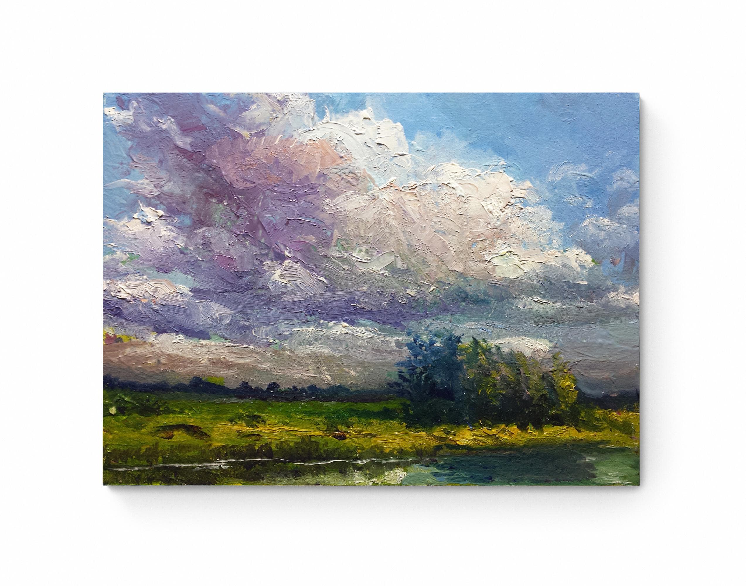 油絵 絵画 【ライラック】 オリジナル油絵 8x6 ライラックピンクの雲 夏の緑の茂み 川 質感のある