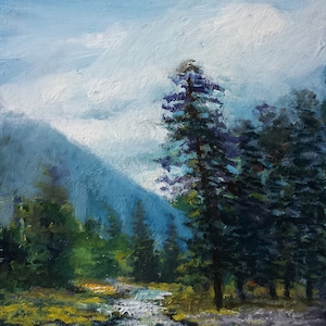 Original painting Mountains Pine Forest River pine trees oil Original painting 8 x 6 inch Original hand-painted artwork
