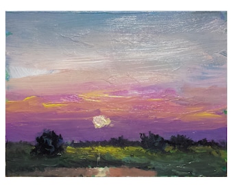 6x8 inch Oil Original Landscape Painting Lilac orange purple Clouds Sunrise Sunset green grass bushes blue sky
