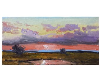 Original oil painting 4x8 country landscape orange sunset sunrise blue sky violet clouds meadow fields bushes river on canvas on hardboard