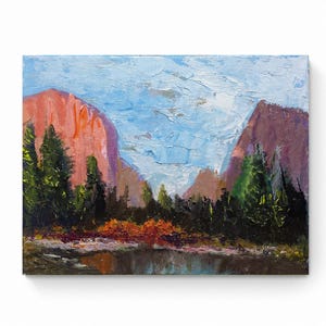 Yosemite Park Peinture à l'huile originale impasto sur toile Paysage Montagnes Californie Art Americana Parcs 8x6 po