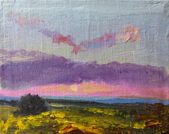 Oil Original abstract Landscape Painting on canvas Lilac purple pink Clouds Sunrise Sunset 5x7 inch (12x16.5 cm)