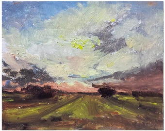 Original oil painting on custom on stretched canvas country landscape road beige brown meadow sky clouds