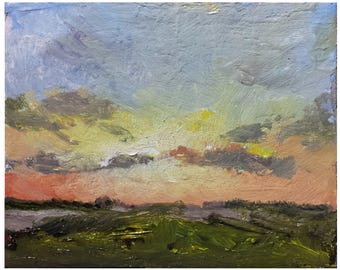 Oil original painting on custom on stretched canvas country landscape small clouds sunset sunrise meadow