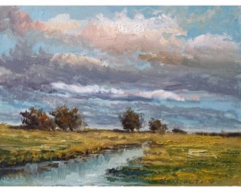 Original painting Oil on Custom Rural Landscape River Trees Grass water Neutral colors textured Country pink clouds