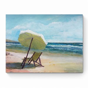 Paesaggio marino, vista sulla spiaggia, ombrellone, dipinto, arte, oceano, argine, onde, sedia da spiaggia, neutro, vista sull'oceano, onde blu, sabbia beige del mare