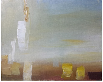 Abstract original painting on canvas 12x9.5 minimalism beige white blue gray