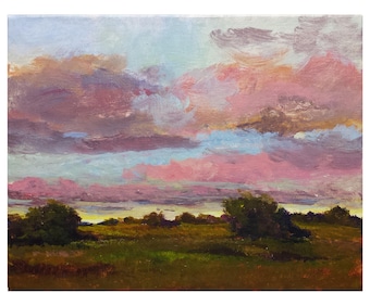 Original painting 9x7 (23x18) on canvas Landscape sunset sunrise brown valley bushes pink beige clouds blue sky