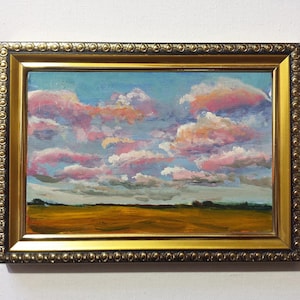 Peinture à l'huile originale 4x6, nuages roses, ciel bleu, paysage abstrait champêtre, peinture à l'huile rose