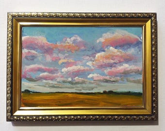 Original painting oil 4x6 pink clouds blue sky country abstract landscape pink oil painting