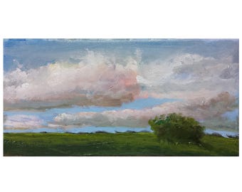 Original oil painting 4x8 inch landscape country green meadow beige clouds blue sky on canvas on hardboard