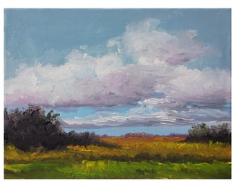 Original oil painting 6x8 on canvas landscape brown bushes blue sky white clouds