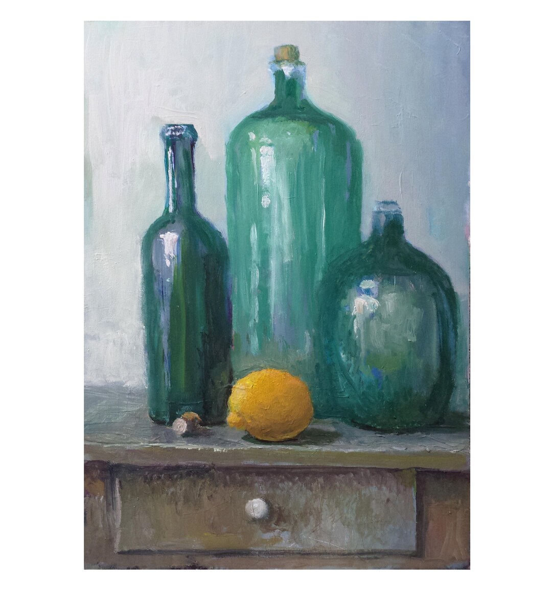 9.5 X 13 Oil Original Painting Still Life Wine Glass Green Bottles ...
