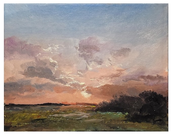 Original Oil Painting 9x7 (23x18) Landscape sunset country sunrise cloud pink sky bushes brown gray valley