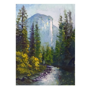 Peinture à l'huile originale 8x6 représentant une falaise, des arbres et des rochers de rivière dans le parc de Yosemite (abstrait).