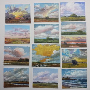 Peinture à l'huile originale 6x8 paysage, nuages violets, coucher et lever de soleil jaunes, buissons, vallée image 3