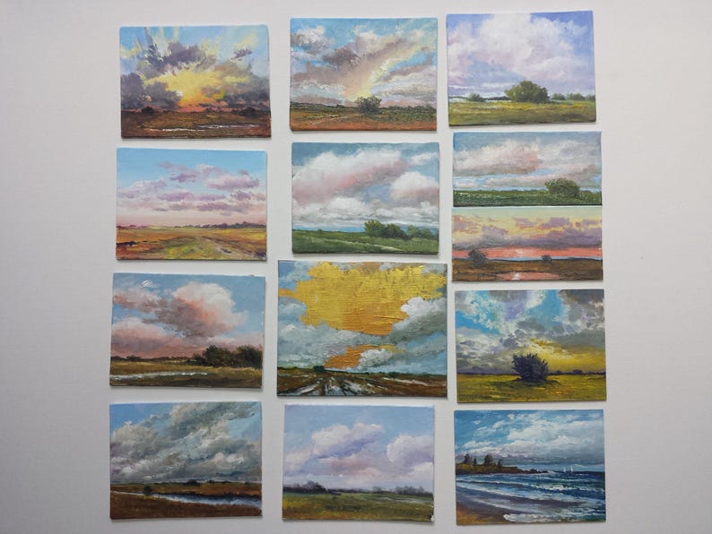 Peinture à l'huile originale 6x8 paysage, nuages violets, coucher et lever de soleil jaunes, buissons, vallée image 3