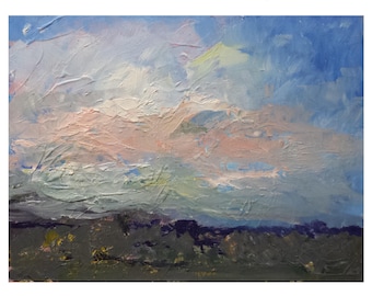 Oil original painting 6x8 Landscape Abstract Gray Blue Sky Beige Pink clouds