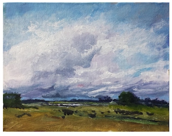 7x9 Original painting landscape blue sky white clouds green beige brown valley bushes