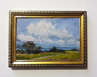 Original Oil Painting 4x6 inch Hills Bushes Blue Sky Clouds Landscape Miniature for Shelf Decor