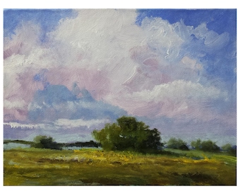 Original oil painting 6x8 landscape on canvas on hardboard green meadow bushes clouds pink blue sky green field