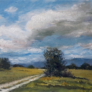 Original Painting on canvas Summer Country Landscape Tree on the Village road Oil Original Painting fence on the road Painting