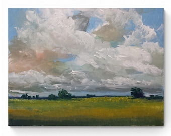 Oil Original Painting on custom Country Beige Clouds Landscape Green Fields Original hand-painted artwork