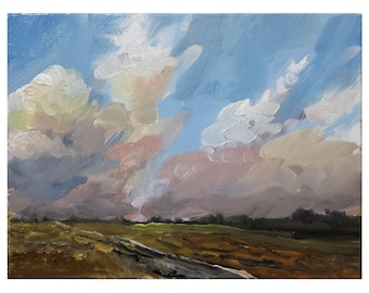 Original oil painting 6x8 on canvas Landscape countryside white pink clouds colorful road brown fields blue sky