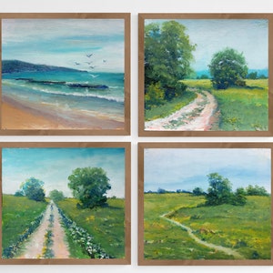 Paesaggio rurale originale e paesaggio marino 4 elementi dipinto su carta Paesaggio verde estivo Strada provinciale Paesaggio marino Dipinto ad olio su carta regalo 7 x 6