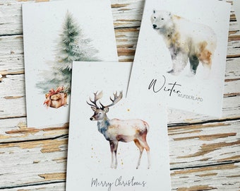 Christmas postcard, Christmas card, Christmas card, Christmas, Christmas greeting, greeting card, postcard, postcard set, deer, fox