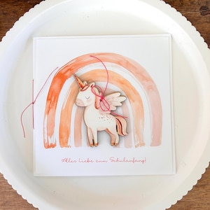 Carte pour la rentrée scolaire, carte pour écolier, cadeau cône scolaire, cadeau pour la rentrée scolaire, pendentif en bois, personnalisé, licorne, arc-en-ciel