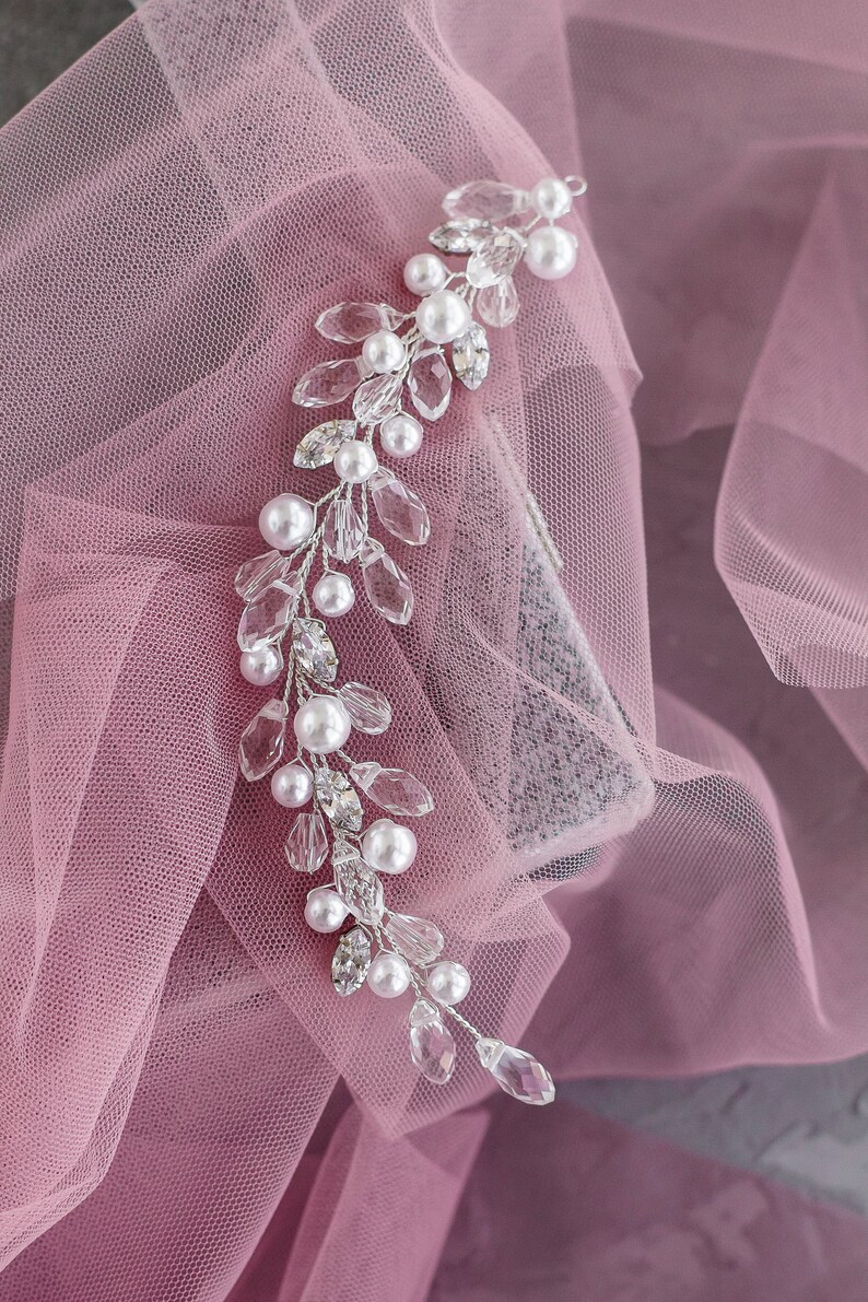 Bridal hair piece with pearls teardrop clear beads and cubic Etsy