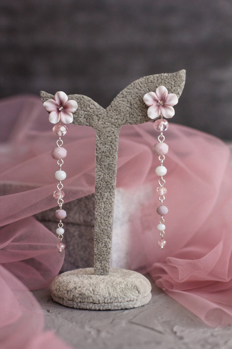 Long white floral earrings bridal pink flower earrings Etsy